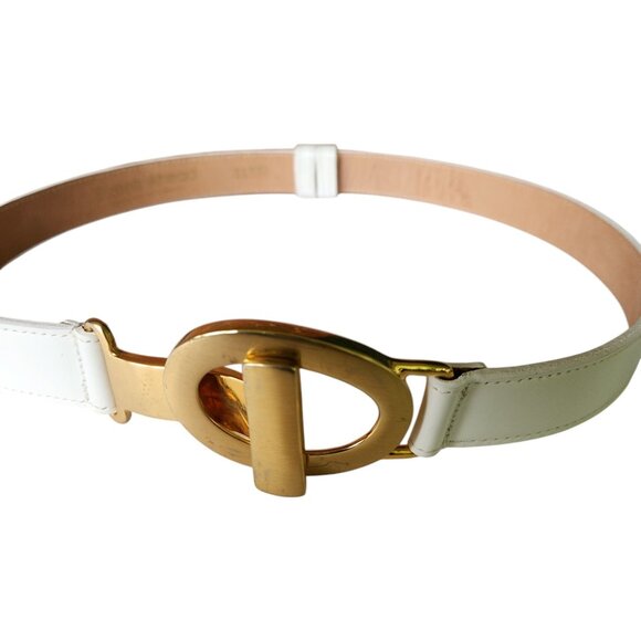 Vintage “Streets Ahead” White Leather Adjustable Belt Gold Buckle Size - Picture 2 of 8
